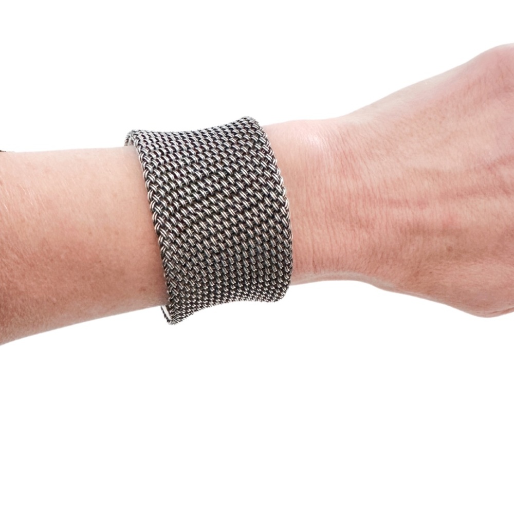 Sterling Silver Basket Weave Mesh Style Cuff Bracelet